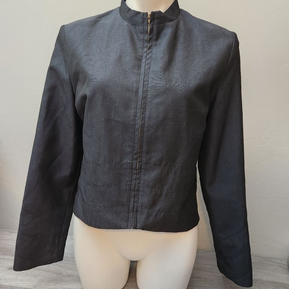 KATE SYLVESTER Dark Blue Jacket Full Zip Moc Neck Lined Hi-Low Contemporary Line